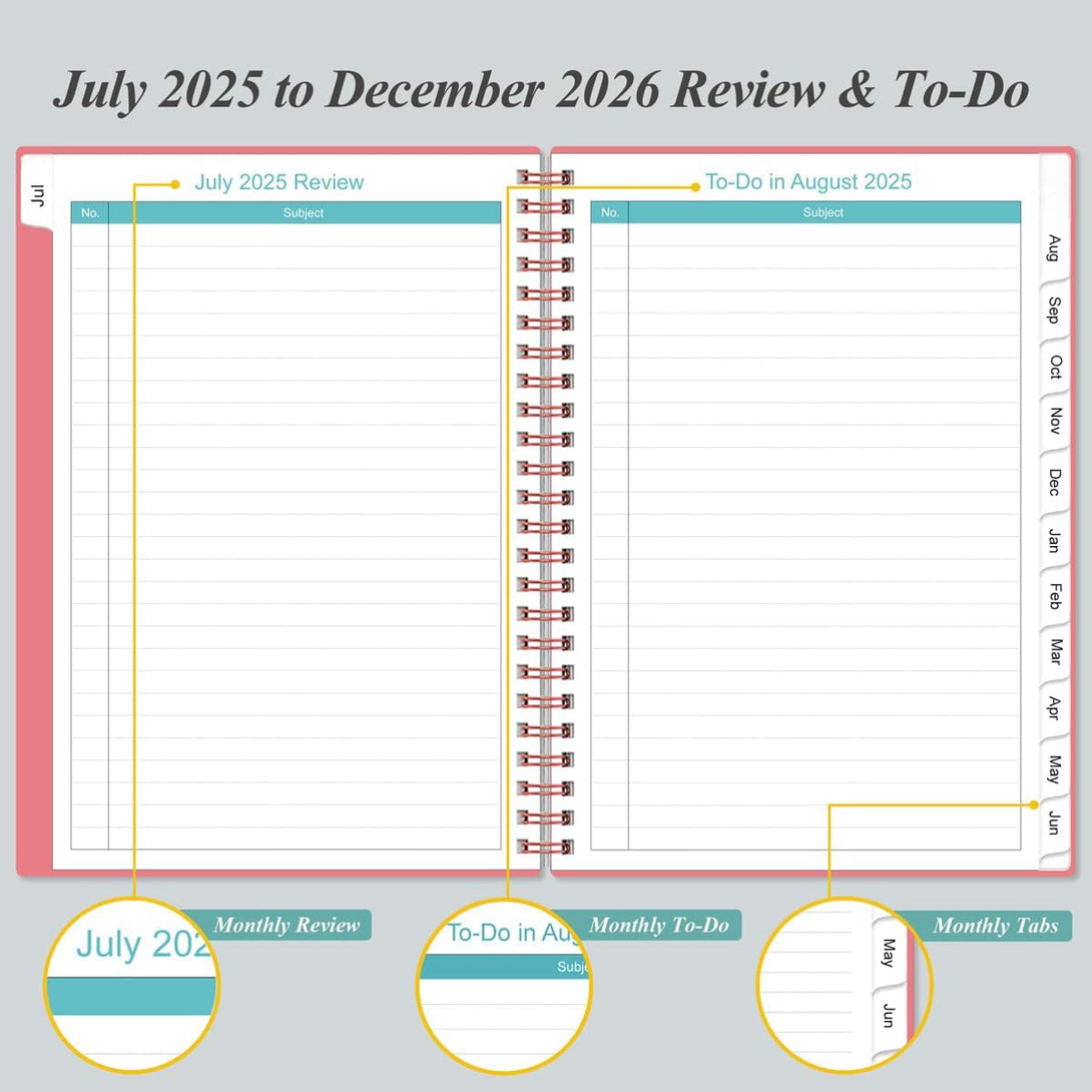 2025-2026 Monthly Planner - July 2025 - December 2026, Two Pages per Month, 18 Monthly Calendar/Planner with Tabs, Strong Twin-Wire Binding, Inner Pocket, 6.4" X 8.5", Pink