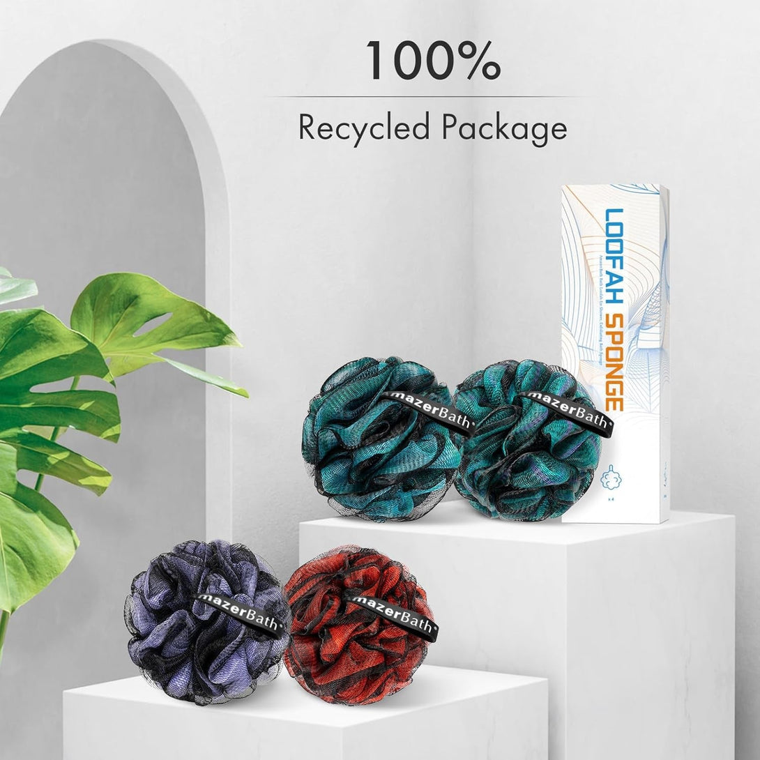 Amazerbath Charcoal Loofah Sponge, Shower Loofah 60G/Pcs - Body Scrubber Loofa Set of 4 - Charcoal Blue, Green, Purple & Red, Bath Sponge for Men and Women