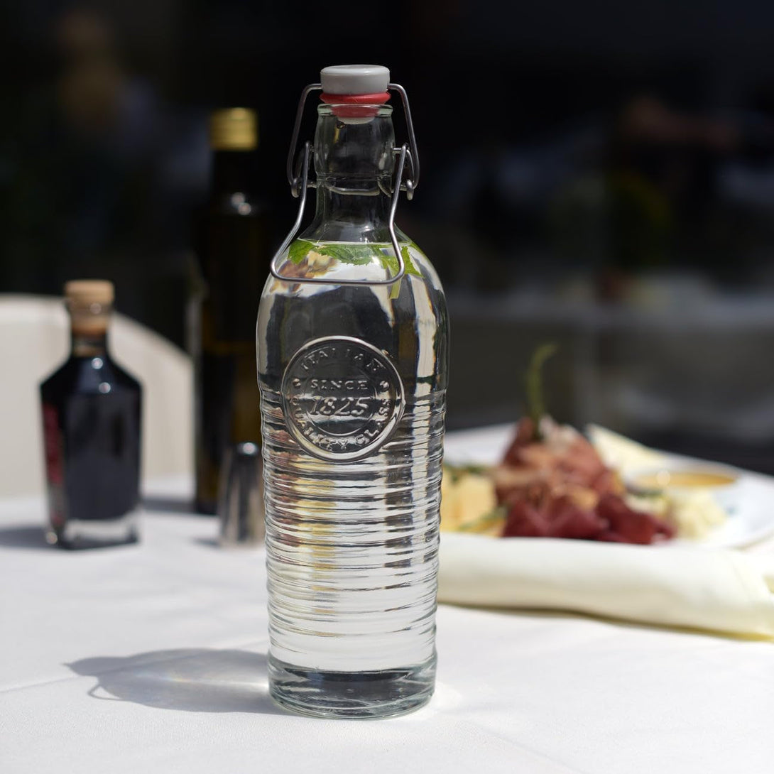 Bormioli Rocco Officina Water Bottle | 37.25 Oz, Italian Glass Pitcher | Airtight Seal & Metal Clamp | Easy to Carry Handle, Dishwasher Safe & Eco-Friendly | Safe for Infused & Carbonated Drinks