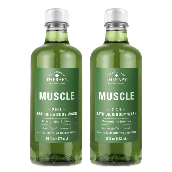 Village Naturals Therapy Muscle Foaming Bath Oil and Body Wash 16 Oz. 2 Pack, Green, 16 Oz