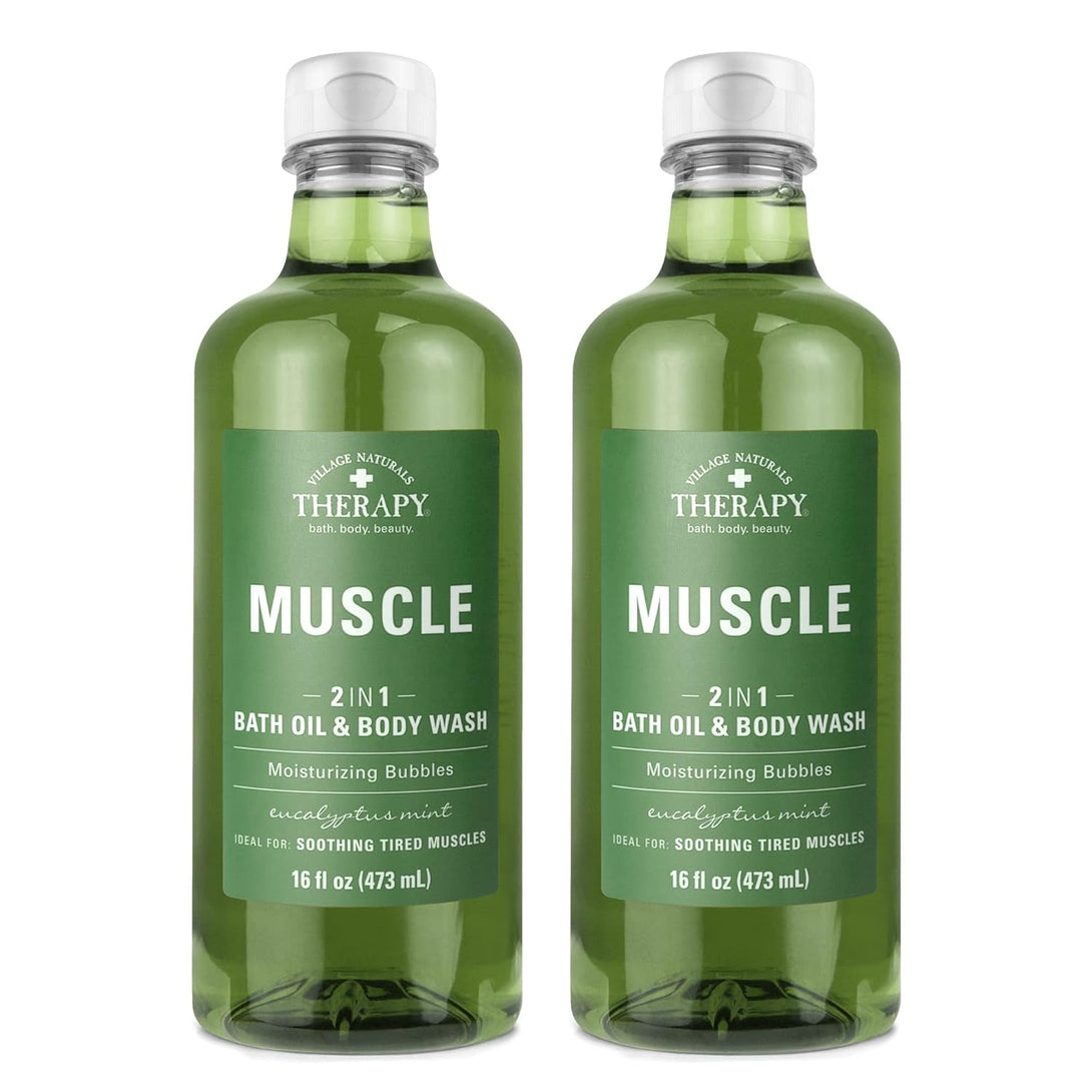 Village Naturals Therapy Muscle Foaming Bath Oil and Body Wash 16 Oz. 2 Pack, Green, 16 Oz