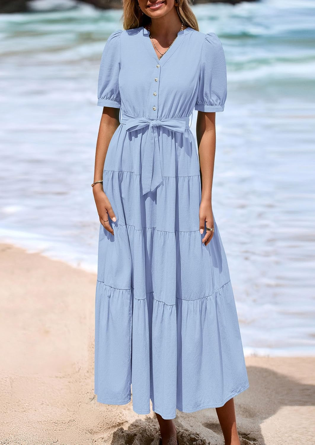 PRETTYGARDEN Women'S Midi Dress 2025 Summer Casual Short Sleeve V Neck Buttons Belted Ruffle a Line Flowy Dress with Pockets