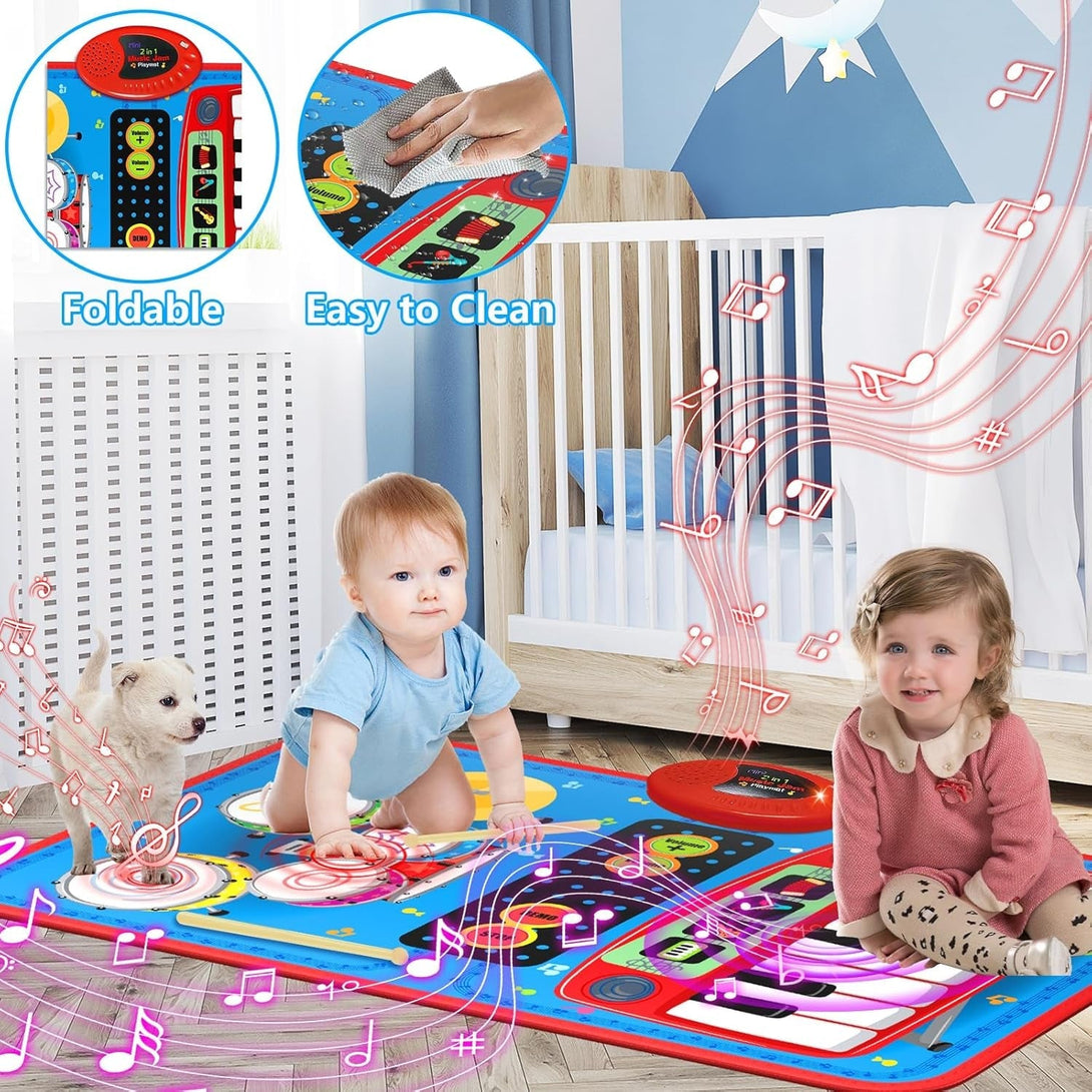 2-In-1 Musical Mat Toys for 1 2 3 4 5 Year Old, Piano Keyboard & Drum Set with 2 Drum Sticks, Early Educational Musical Learning Toys Birthday for 1 2 3 4 5 Year Old Boys & Girls, Blue