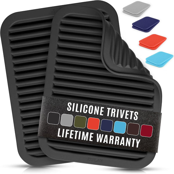 Zulay 2-Pack 9"X12" Silicone Trivets for Hot Pots & Pans – Heat-Resistant, Non-Slip Trivet Mats – Durable, Flexible, Multi-Purpose Hot Pads for Kitchen Counter & Table - Black
