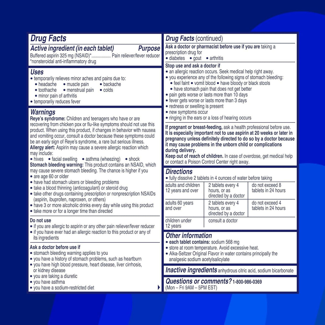 Alka-Seltzer Effervescent Tablets Original Flavor, Fast Multi-Symptom Relief from Headache and Body Ache, Dissolvable Effervescent Fizzy Tablets, 72 Ct