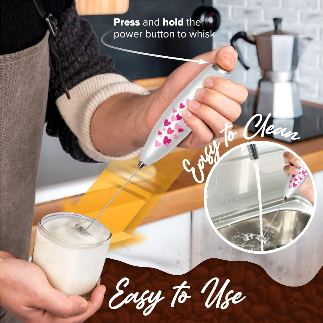 Powerlix Powerful Handheld Milk Frother with Stand Battery Operated Foam Maker Frother Wand for Coffee (A Black) (Hearts)