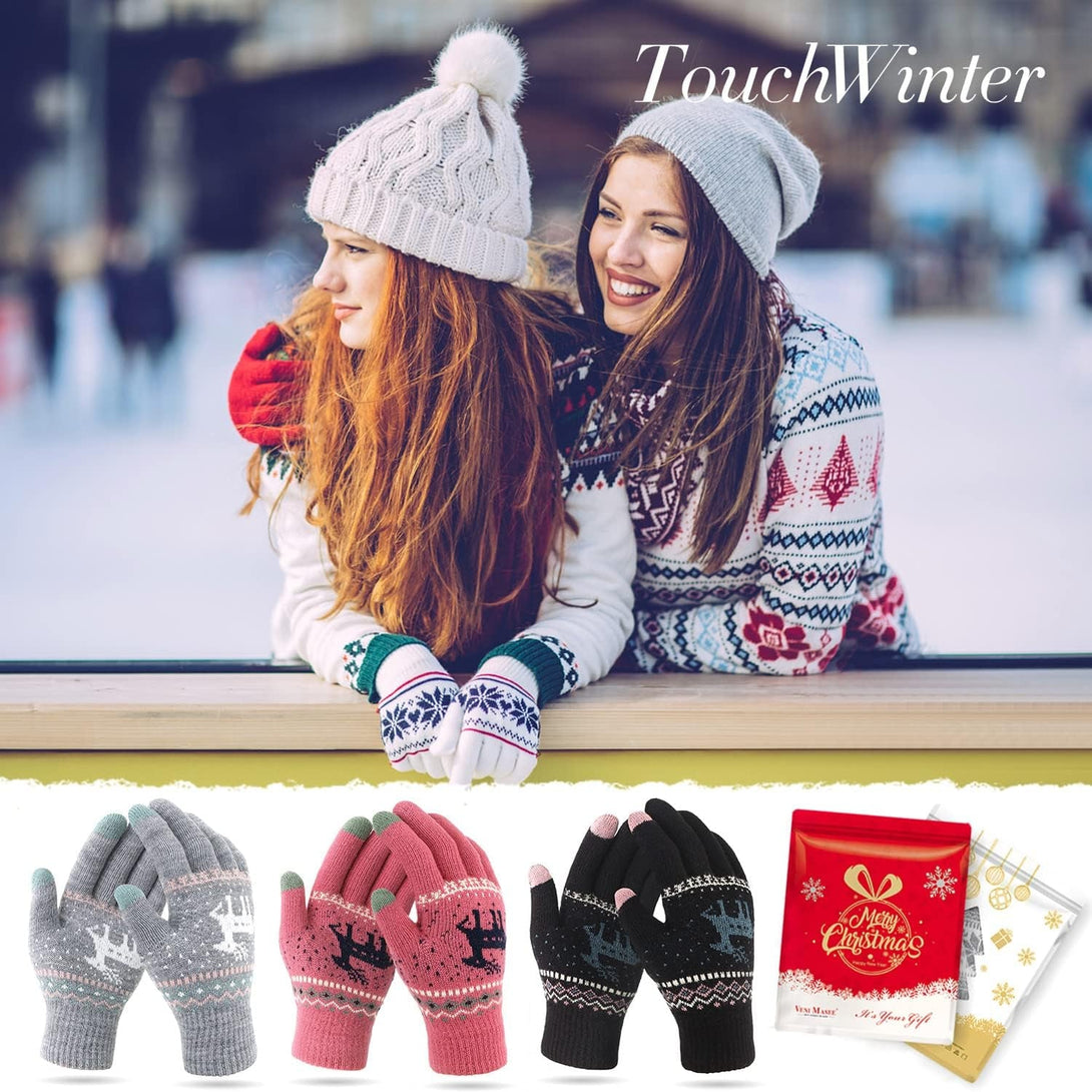 HÖTER Winter Touch Screen Gloves Snow Flower Printing Keep Warm for Women and Men