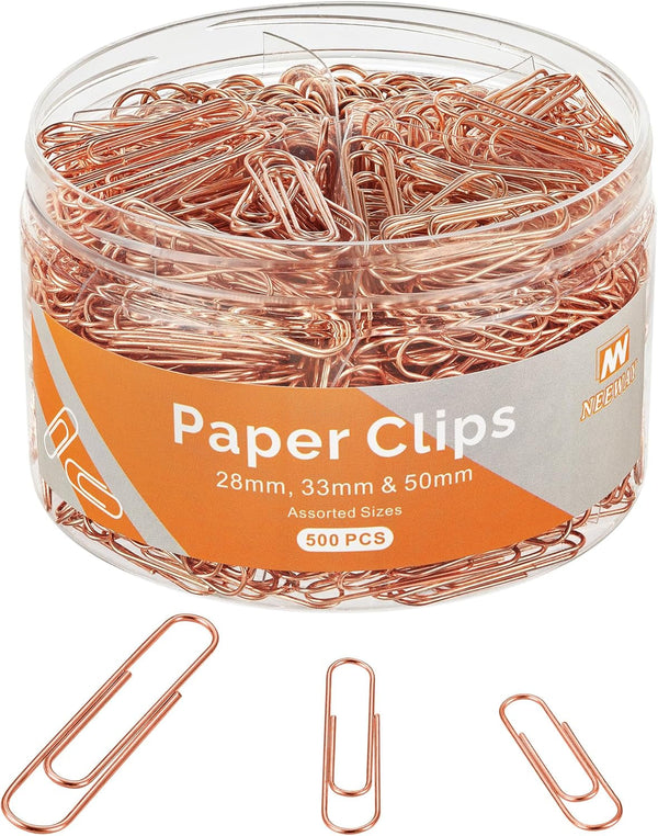 500Pcs Rose Gold Paper Clips Assorted Sizes Small, Medium and Large Paperclips for Paperwork Ideal for Home, School and Office Use