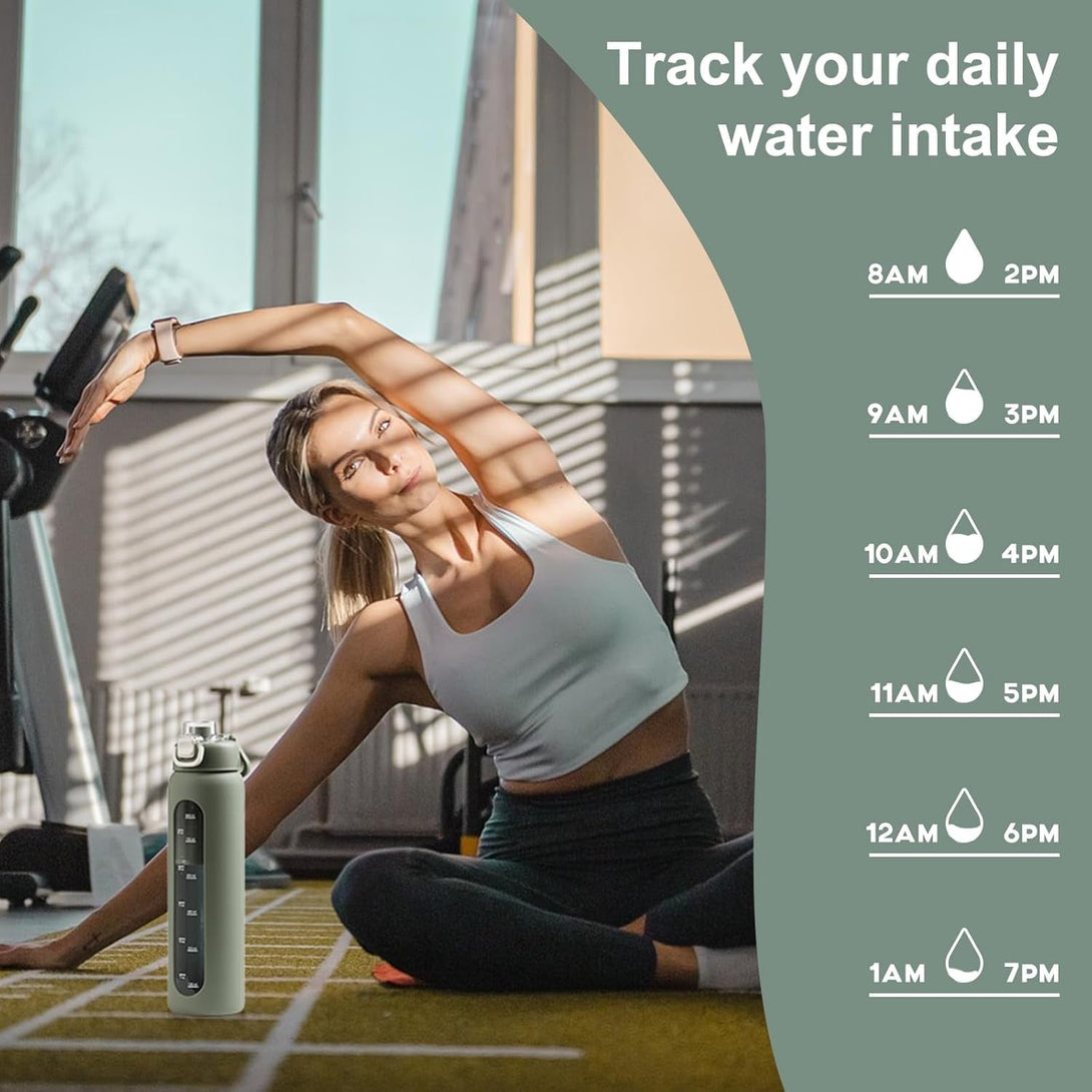 32 Oz Glass Water Bottles with 2 Lids-Handle Spout Lid & Straw Lid, 1 Liter Motivational Borosilicate Water Bottle with Time Marker and Silicone Sleeve,Leakproof-Olive-1 Pack
