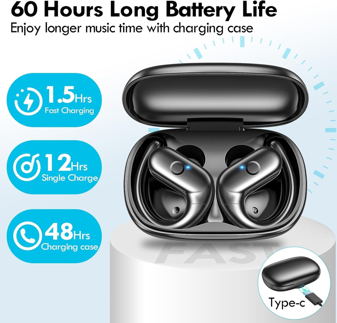 Kurdene Wireless Earbuds Bluetooth Headphones Sport,Over Ear Buds with Deep Bass Sound,60Hrs Playtime Earphones Redesigned Comfort Fit with Earhooks for Running,Meeting,Workout-Black