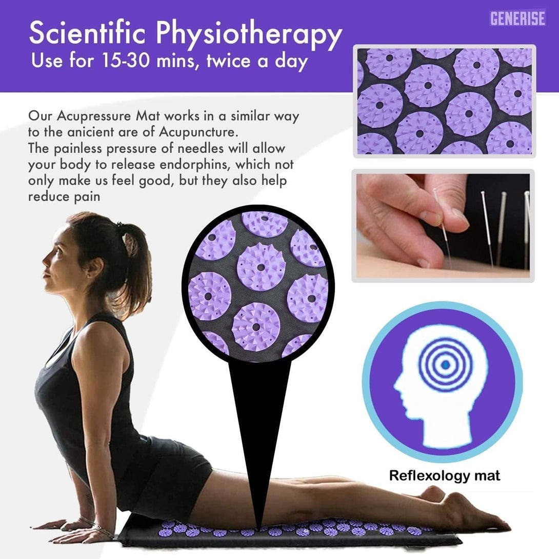 Acupressure Mat Generise Accupressure Body Mat and Pillow Set for Men & Women - Back, Neck and Muscle Pain Relief - Includes Travel Bag with Adjustable Strap (Black with Purple Spikes)