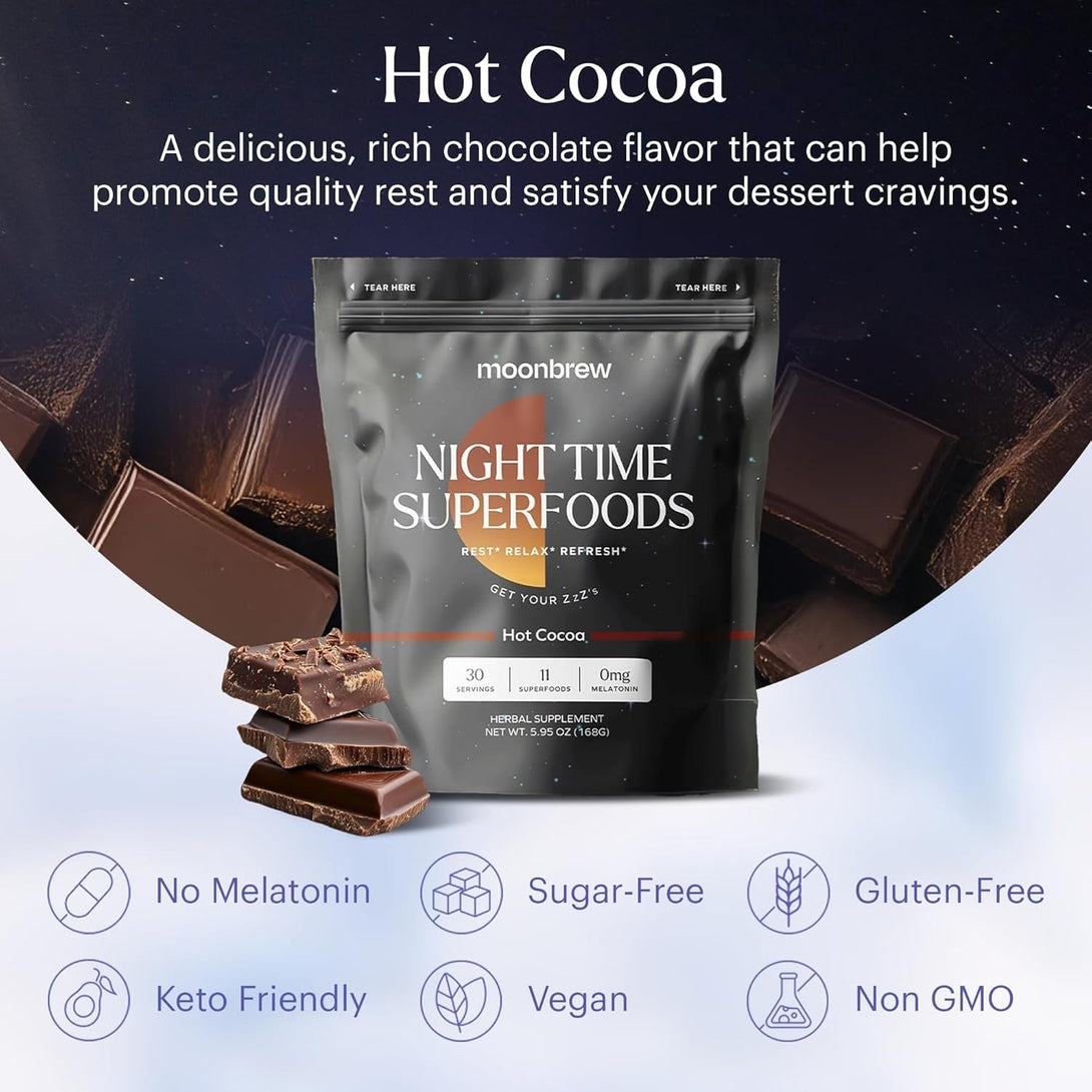 Moonbrew Nighttime Magnesium Hot Cocoa, Natural Sleep Aid Drink Mix for Adults - Calming Melatonin-Free Sleep Support - Sleepy Hot Chocolate Powder with L-Theanine, Chamomile & Zinc Glycinate