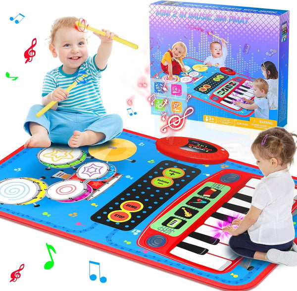 2-In-1 Musical Mat Toys for 1 2 3 4 5 Year Old, Piano Keyboard & Drum Set with 2 Drum Sticks, Early Educational Musical Learning Toys Birthday for 1 2 3 4 5 Year Old Boys & Girls, Blue
