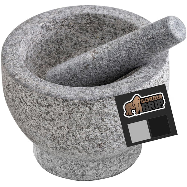 GORILLA GRIP Heavy Duty Mortar and Pestle Set with Slip Resistant Base, 2 Cup, 100% Granite Stone Molcajete Guacamole Bowl, Grind Seeds, Spices, Crush Garlic, Kitchen Muddler for Fresh Herbs, Gray