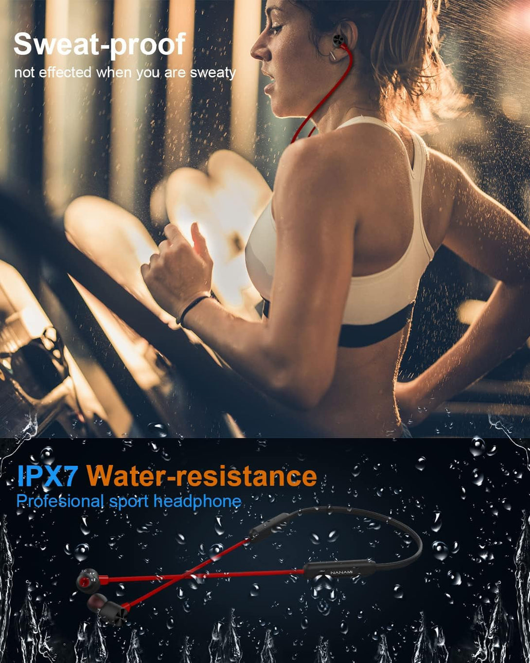NANAMI Bluetooth Headphones Wireless Earbuds Sports Magnetic Neckband Wireless Headsets, Hifi Stereo Deep Bass Bluetooth 5.0 Earphones IPX7 Waterproof with Mic for Gym Workout Running 15H Playtime