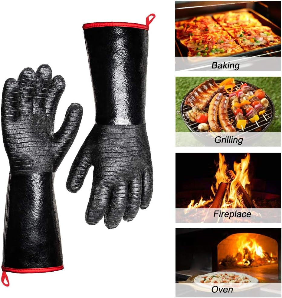 932°F Extreme Heat Resistant Gloves for Grill Bbq,Aillary Waterproof Long Sleeve Pit Grill Gloves for Fryer, Baking, Oven,Smoker,Fireproof, Oil Resistant Neoprene Coating（14-Inch ）