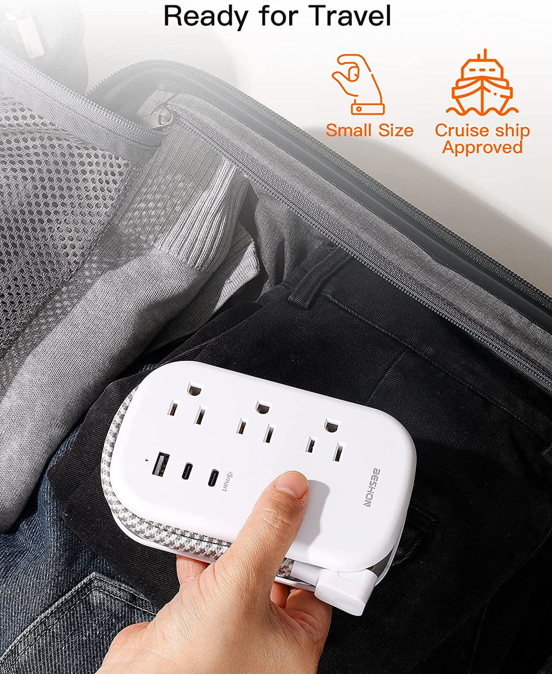 BESHON Flat Plug Power Strip, 3 Outlets with 3 USB Ports(2 USB C), Ultra Flat 3.2Ft Wrapped around Extension Cord for Cruise Ship, Travel, Dorm Room Essentials