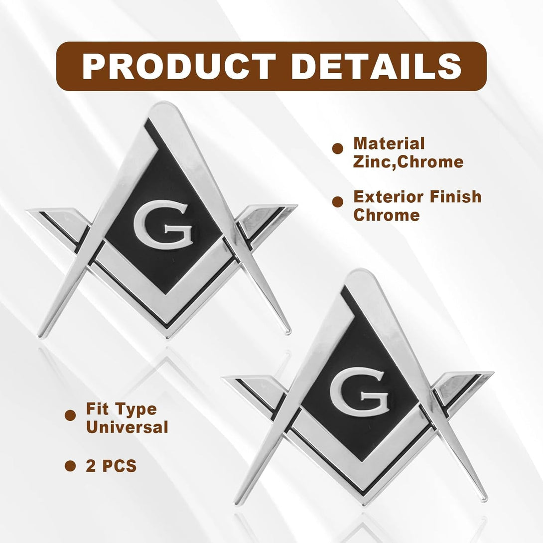 2Pcs Masonic Car Emblem 2.75" Compass Auto Truck Metal Decal, Mason Square Auto Motorcycle Gift Automobile Decoration Accessories