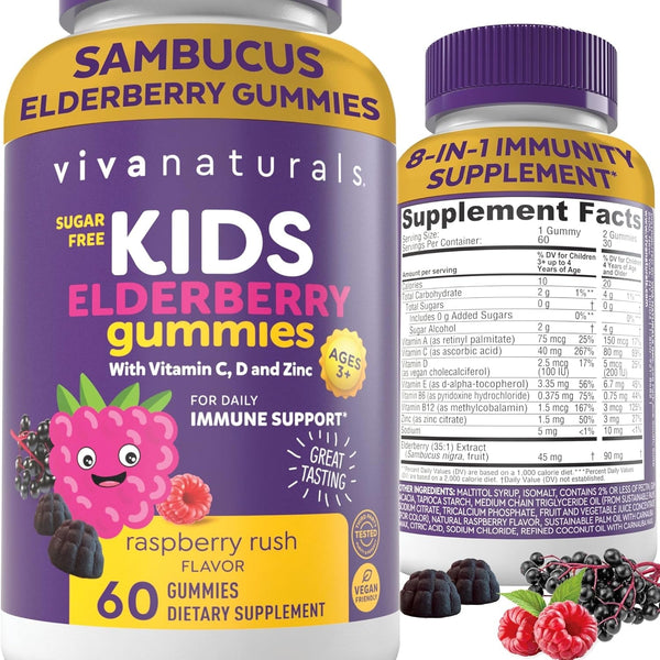 Viva Naturals 8In1 Elderberry Gummies for Kids with Vitamin C, D and Zinc - 60 Sugar Free Kids Immune Support Black Elderberry Gummies - Elderberry Vitamin C and Zinc Immune Support Supplement