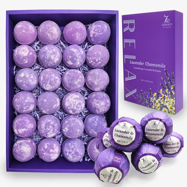 Zen'S 24-Piece Lavender & Chamomile Bath Bombs for Women Men & Kids. Handmade, Natural & Organic for a Relaxing Bath Gift Set Lavender Essential Oil