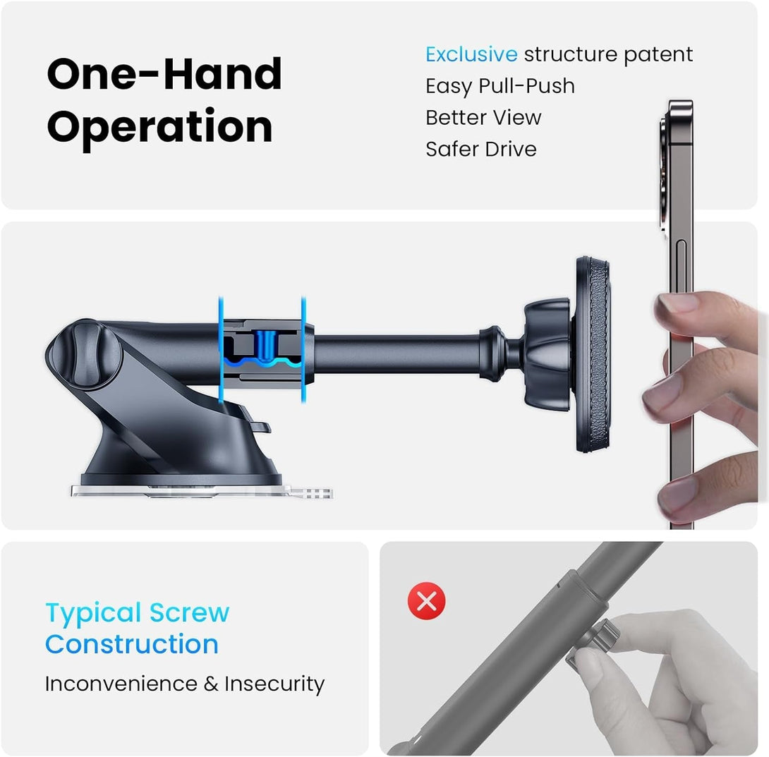 Apps2Car Magnetic Phone Mount for Car – Industrial Suction Cup Dashboard & Windshield Holder with Telescopic Arm, 6 Strong Magnets – Universal Fit for Iphone & Android (Metal Plate Required)