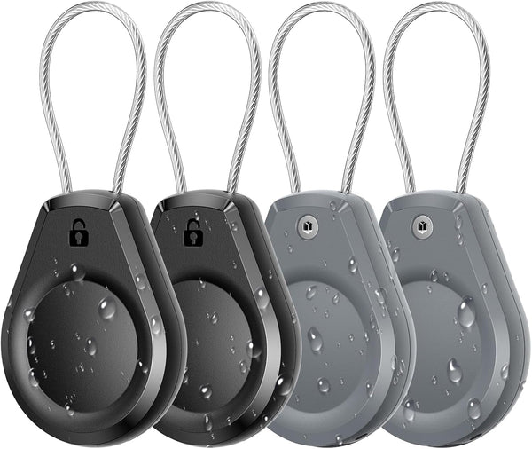Waterproof Airtag Keychain Holder - (4 Pack) Air Tag Lock Case with Wire Cable Compatible with Apple Airtags, Ultra Durable Anti-Lost Protective Case with Keyring for Luggage, Backpack, Black/Grey