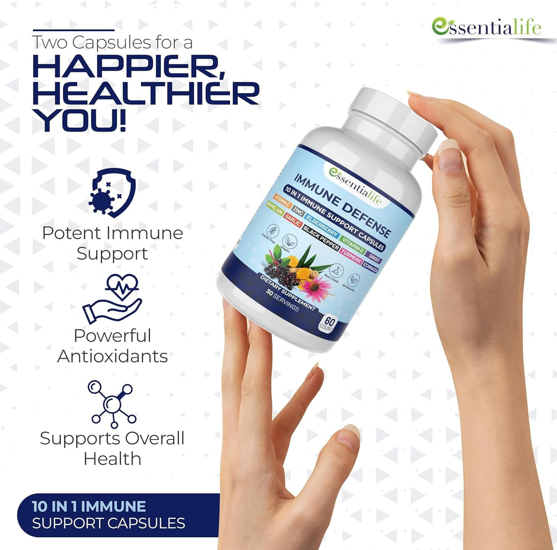 Immune Support Supplement 10 in 1 Elderberry, Echinacea, Vitamin D, Vitamin C 1000Mg & Zinc Supplement - Take Charge of Your Health with Immune Booster for Adults - 60 Vitamins Capsules