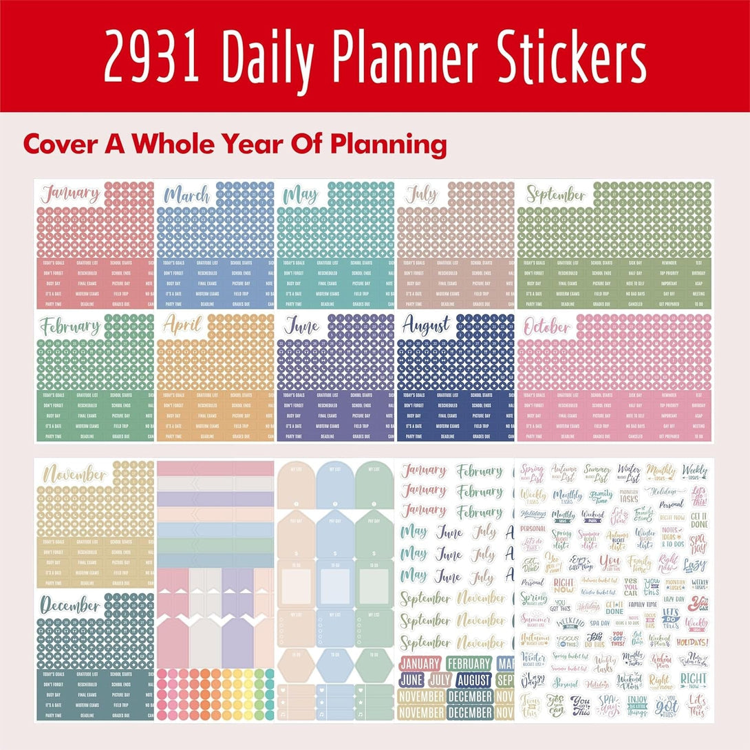 2931 Planner Stickers, Color Coordinating Monthly Functional Stickers Daily Calendar Stickers Aesthetic Note to Do Blank Stickers for Scrapbooks, Planner, Budget, Work, DIY Activity, Diary, Journal