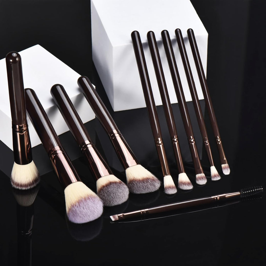 10 Piece Black Brown Makeup Brushes - Wooden Handle with Soft Synthetic Bristles,For Face & Eye Makeup|Professional Makeup Brushes Set for Women & Girls|