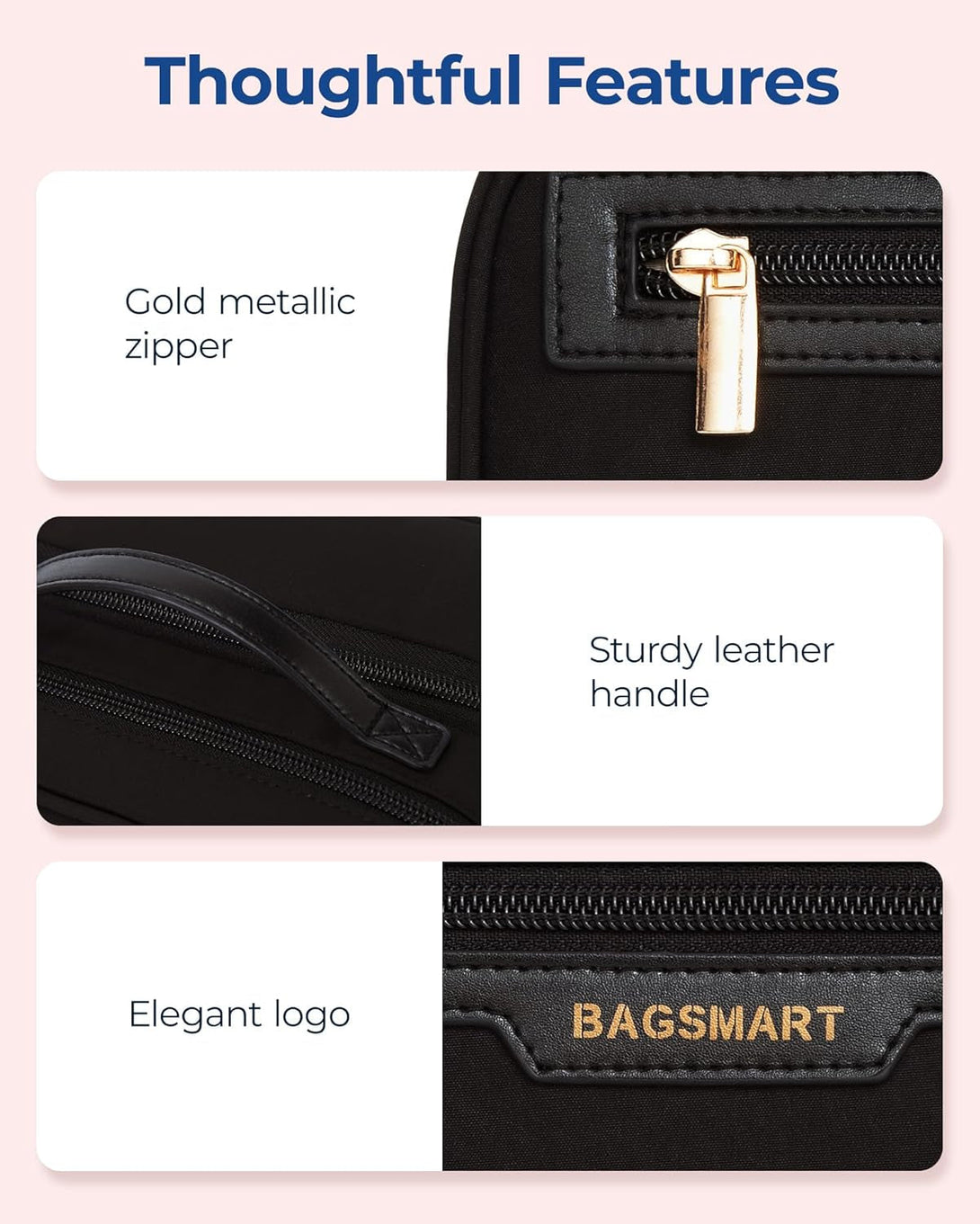 BAGSMART Travel Makeup Bag, Make up Bag with Multiple Compartments for Organizer, Durable & Compact Cosmetic Organizer for Women for Travel Accessories (Black