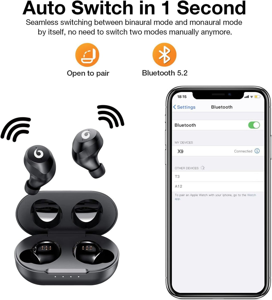 X9 Wireless Earbuds Bluetooth 5.3 Headphones Waterproof Stereo Earphones in Ear Touch Control with Microphone Headset with Deep Bass for Sport, Gaming and Running(Black)