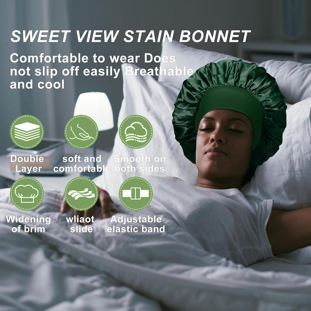 4PCS Silk Bonnet for Sleeping - Hair Satin Bonnets for Black Women Men,Wrap Cap for Curly Hair,Elastic Wide Band Bonnet Shower Cap for Sleeping (Purple & Pink & Pale Green & Black)