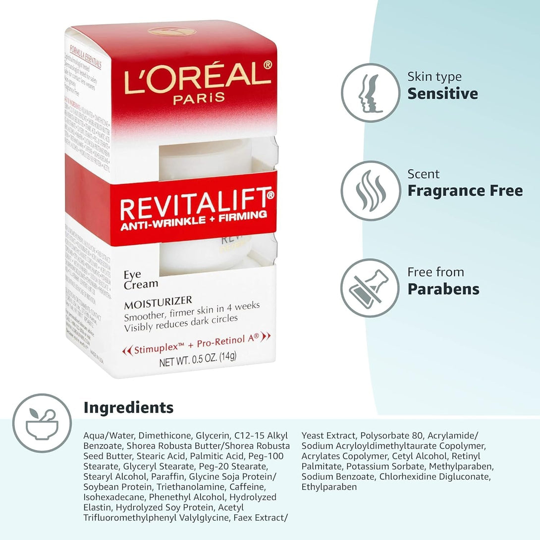 L'Oreal Paris Skincare Revitalift Anti-Wrinkle and Firming Eye Cream with Pro Retinol, Treatment to Reduce Dark Circles, Fragrance Free, 0.5 Oz.