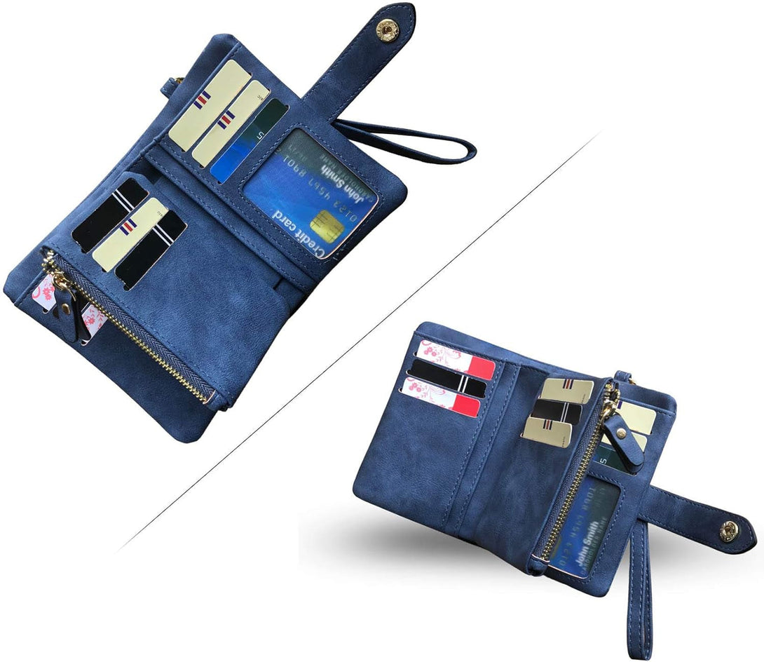 Pofeexio Womens Small Bifold Leather Wallets RFID Ladies Wristlet with Card Slots Id Window Zipper Coin Purse