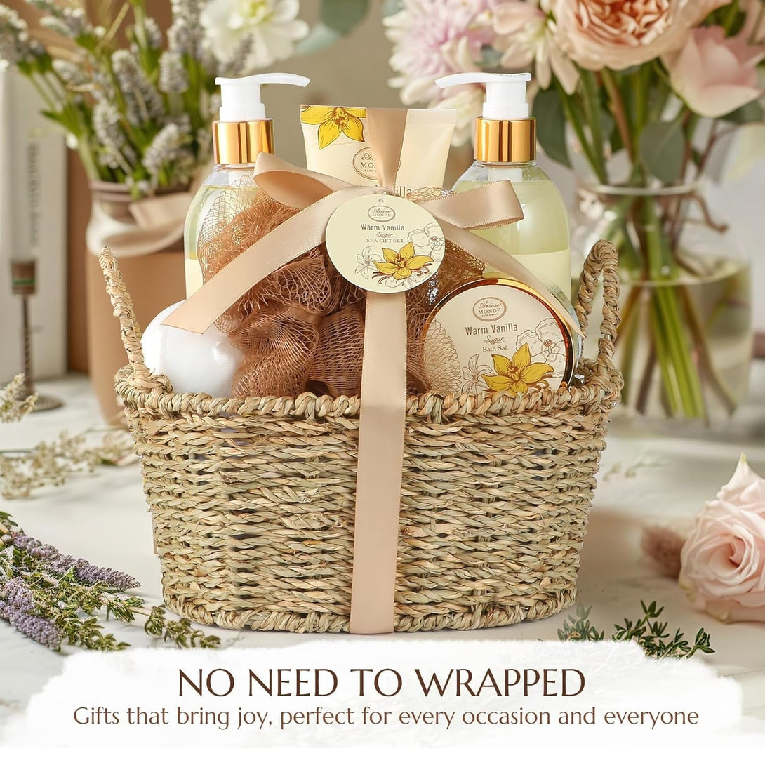 Bath and Body Warm Vanilla Sugar Spa Gifts for Women, with Shower Gel, Bubble Bath, Body Lotion, Bath Bomb, Bath Salt, Spa Basket Gift Set for Women, 7Pcs Set Gifts