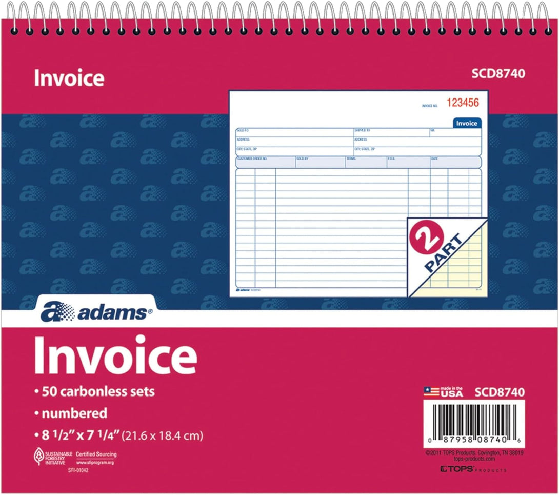 Adams Spiral Invoice Book, 8 1/2 X 7 1/4 Inches, 2-Part, Carbonless, White/Canary, 50 Sets per Book (SCD8740)