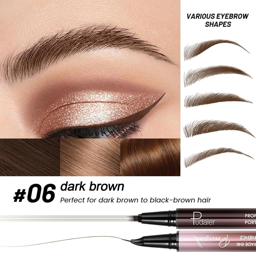 2-In-1 Curved Eyebrow Pen and Eyeliner with 10Pcs Brow Stencils, Microblading Eyebrow Pencil with 4 Fork-Tip and Curved Precise Tip, Waterproof and Long Lasting Eyebrow Pencils for Women, Dark Brown
