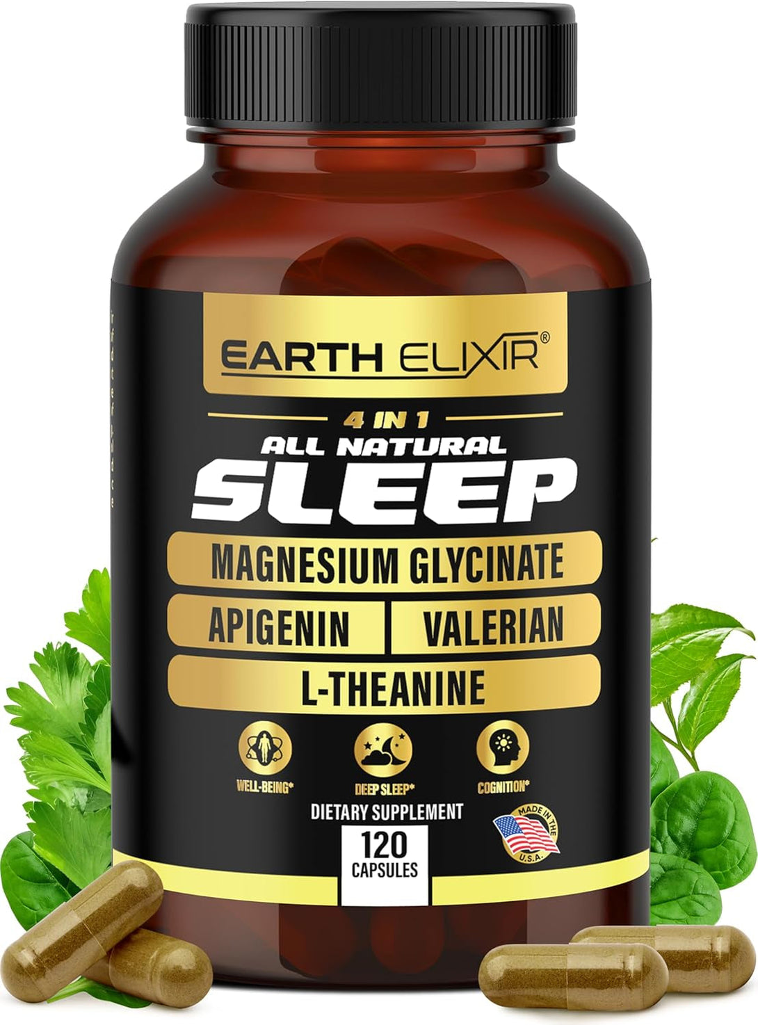 4-In-1 Sleep Aid (120 Caps) W/Apigenin 50Mg, Magnesium Glycinate 200Mg, L Theanine 200Mg & Valerian Root for Sleep Aid 300Mg | Apigenin Supplement for Sleep | Sleeping Pills
