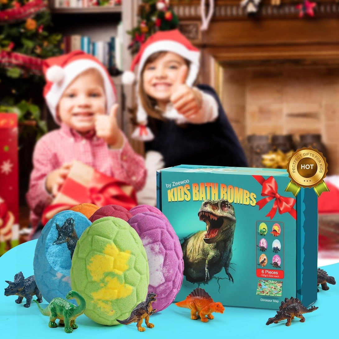 Bath Bombs for Kids with Surprise Inside, 6 Pack Big Kids Bath Bombs Gift Set, Organic Bubble Bath Fizzies with Dinosaur Egg Toys & Dinosaur Themed Mat, Birthday Gifts for Boys, Girls 3 4 5 6 7 8 9