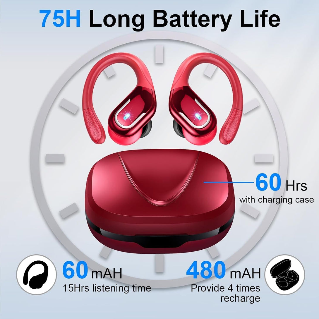 Wireless Earbud, 75Hrs Bluetooth 5.4 Headphones IP7 Waterproof for Sport, Running Wireless Earphones with ENC Noise Canceling Mics, Deep Bass over Ear Bud with Earhooks for Android, Ios, Workout, Gym