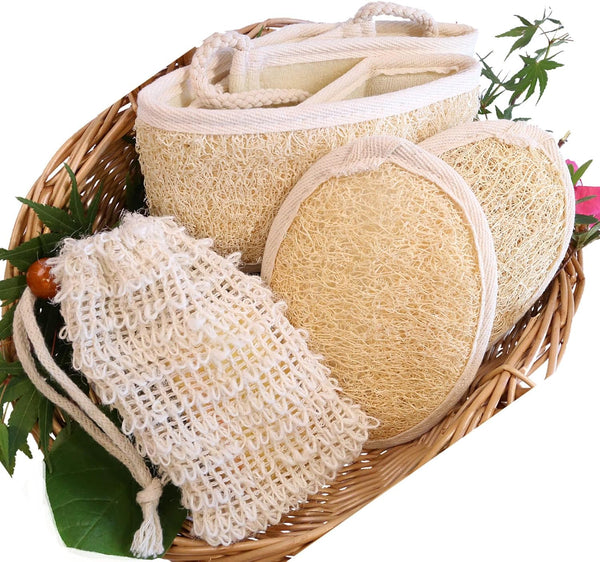 Natural Loofah Bath Set, Exfoliating Luffa Sponge Pads, Back Loofah Scrubber and Sisal Soap Bag. Bath Shower Loofah Sponges for Women and Men, for Face and Body, 4-Pcs