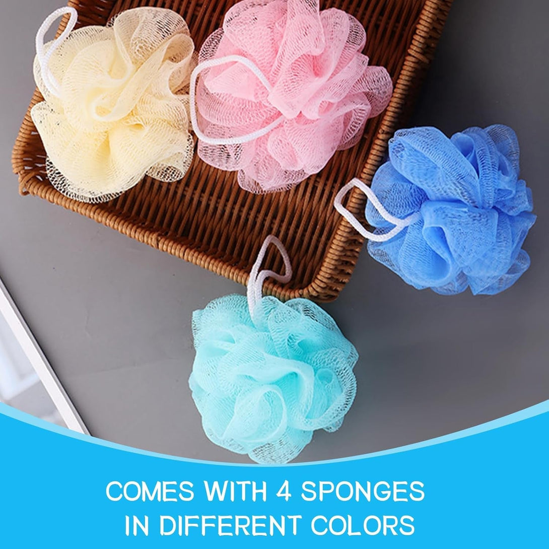 Loofah Sponge Shower Loofahs Bath Sponges Mesh Balls for Women Men Bathing Accessories Body Wash Back Scrubber 50G 4 Colors Soft Pouf Body Scrubber Loofahs Puff Pack, Exfoliate, Cleanse, Soothe Skin.