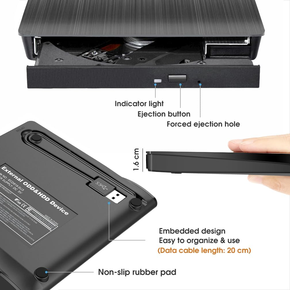 ROOFULL External CD DVD +/-RW Drive for Laptop, True USB 3.0 DVD CD ROM Disc Reader Player Burner Writer Adapter Portable Optical Disk Drive for PC Windows 11/10 Mac Linux Computer Desktop