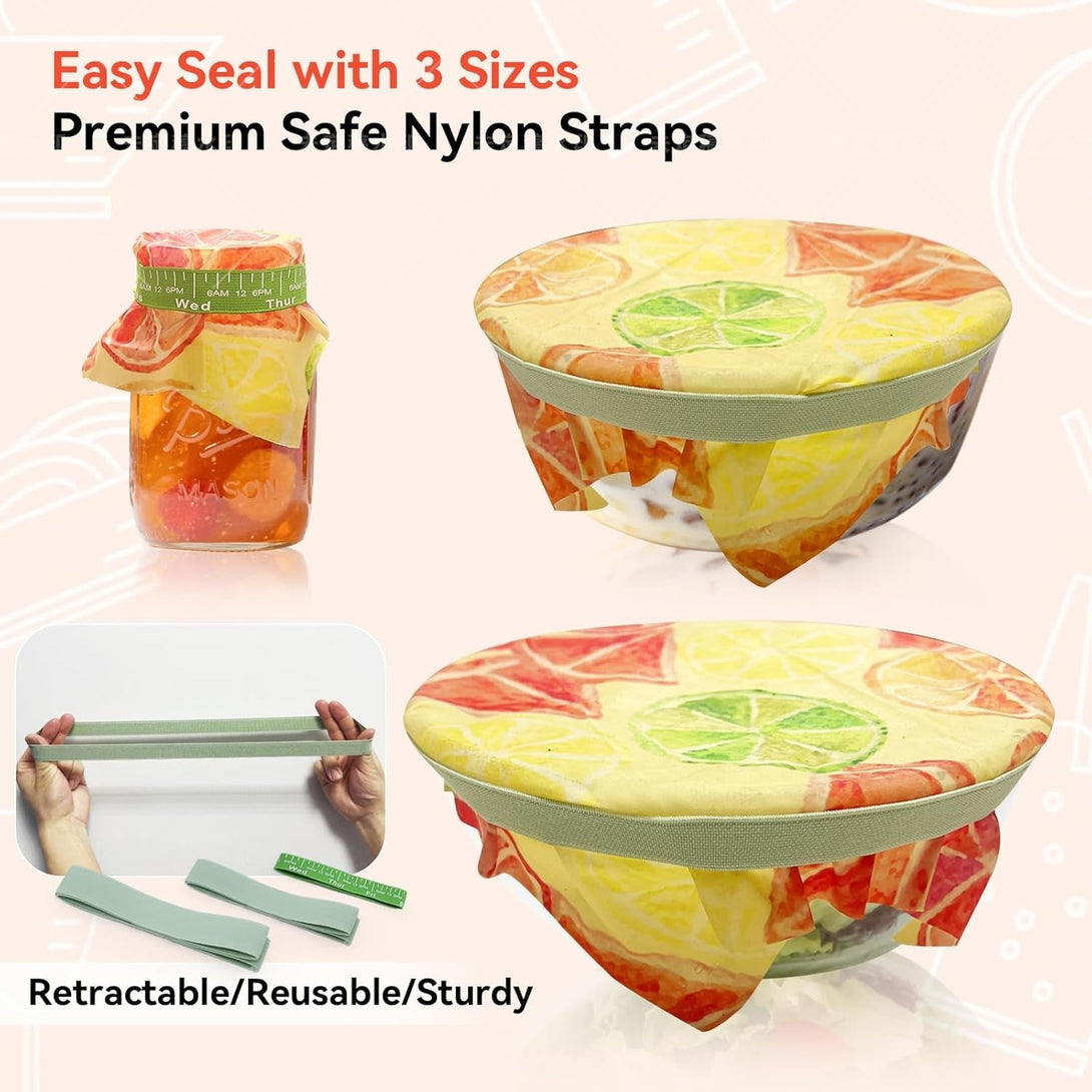 Beeswax Food Wraps Reusable 6-Pack - 3 Sizes + Elastic Storage Wraps for Containers | Reusable Beeswax Bowl Covers & Stretchable Food Wrap | Plastic-Free Storage for Sandwiches, Leftovers, Mason Jars