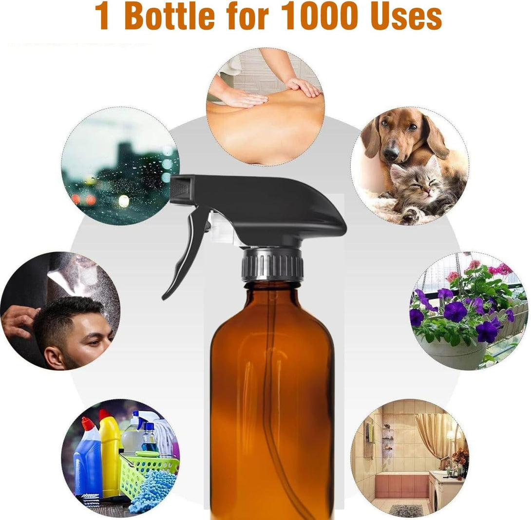 8Oz Amber Glass Spray Bottles - 2 Pack Empty Refillable Bottles for Cleaning, Hair Care, Essential Oils, Plants - Includes Durable Nozzle, Labels, Funnel & Dropper, Handheld Size