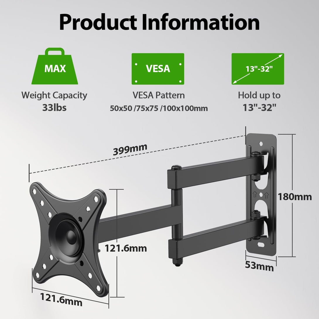 USX MOUNT Full Motion TV Wall Mount - Universal Corner TV Bracket for 13-32 Inch LCD Monitor Screen, Single Stud Monitor Wall Mount Swivel Tilt Rotation Articulating, Vesa100X100Mm, up to 33LBS