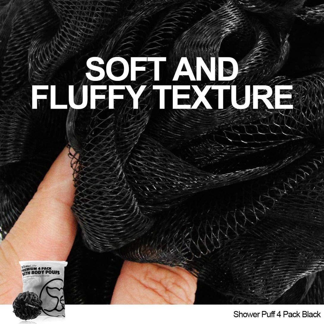 Shower Puff 4 Pack Black Bath Sponge Shower Loofahs Pouf Ball Nature Bamboo Charcoal Mesh Bulk Puffs Large, Shower Essential Skin Care by Whalelife