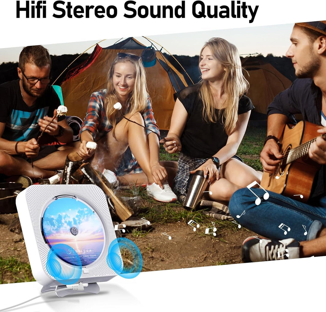 Bluetooth Portable Home CD Music Player with Remote Control, Timer, Built-In Speakers and LED Display - FM Radio Boombox (White)