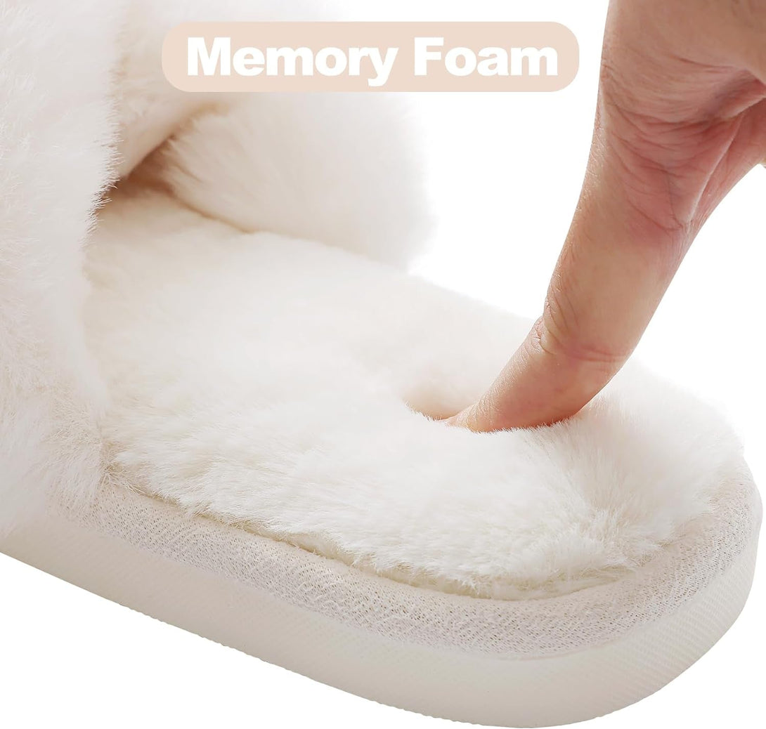 Evshine Women'S Fuzzy Slippers Cross Band Memory Foam House Slippers Open Toe