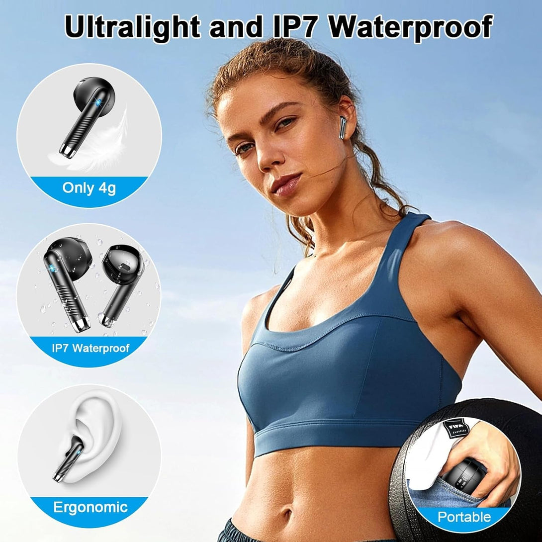 Wireless Earbuds, 2024 Bluetooth Headphones V5.3 Ear Buds Built-In ENC Noise Cancelling Mics, 40H Stereo Bass Bluetooth Earbuds with Dual LED Display, IP7 Waterproof Earphones for Android Ios, Black